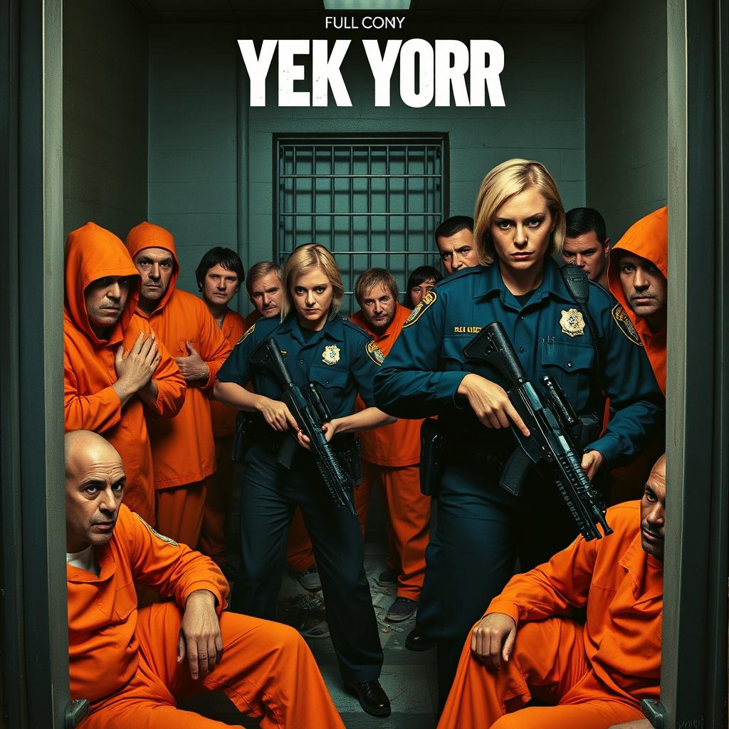 A movie poster depicting a tense scene inside a confined room, featuring two New York police officers in uniform: a worried male officer and a blonde female officer, both in tactical stances and holding their weapons