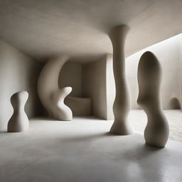 An avant-garde gallery boasting stunningly beautiful, polished concrete walls showcasing avant-garde architecture. The room, vast and enigmatic, features a beach-inspired floor nurturing a grand sand sculpture. Small silhouettes are awed by this spectacle, all captured in sweeping architectural photography.