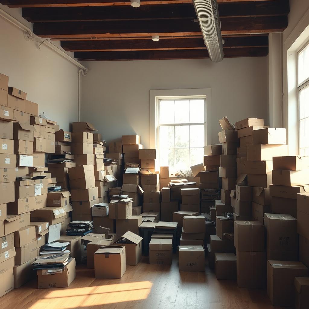 A large, cluttered room filled with numerous cardboard boxes of various sizes and shapes
