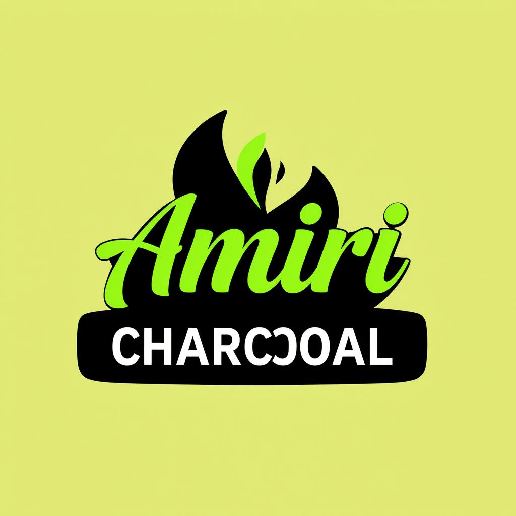 A sleek and modern logo design for the Amiri Charcoal Company, featuring a unique combination of pistachio green and charcoal black colors