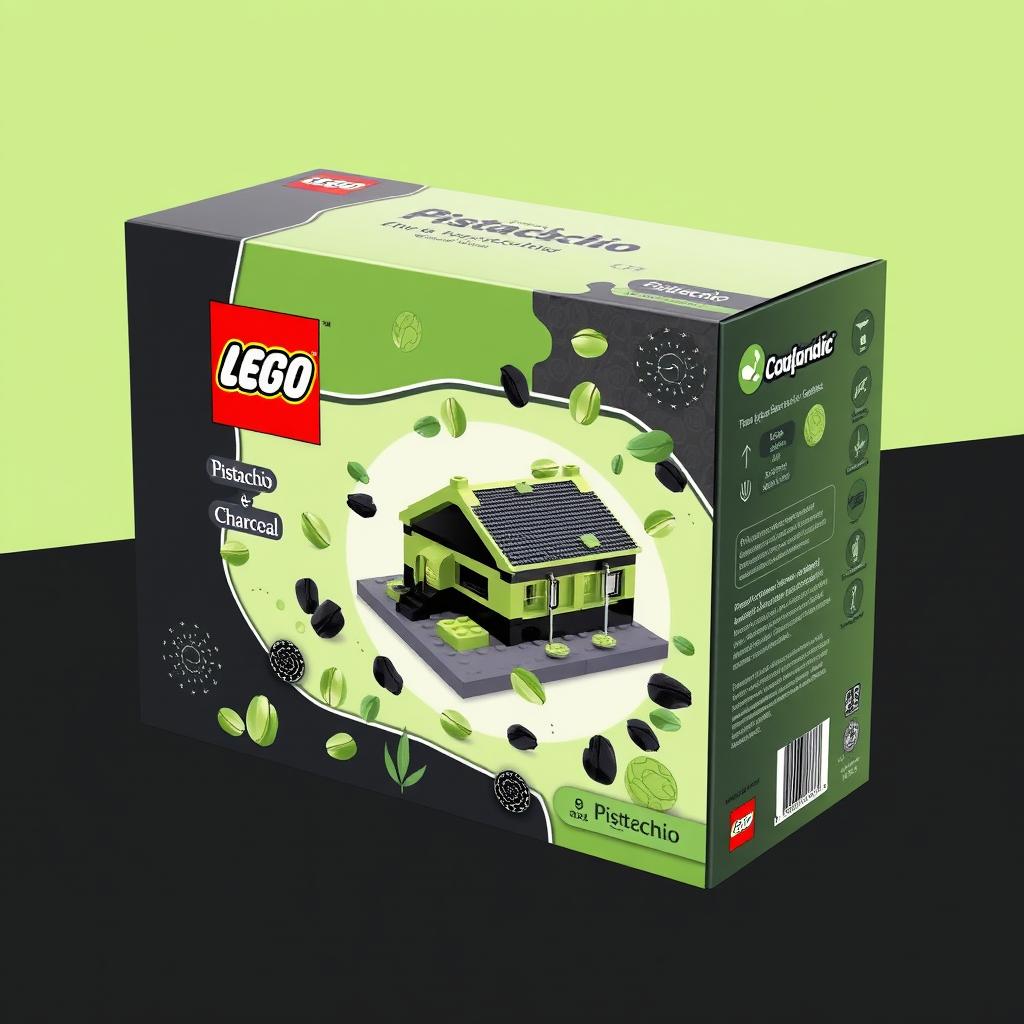 A creative packaging design for a Lego set themed around pistachio and charcoal colors