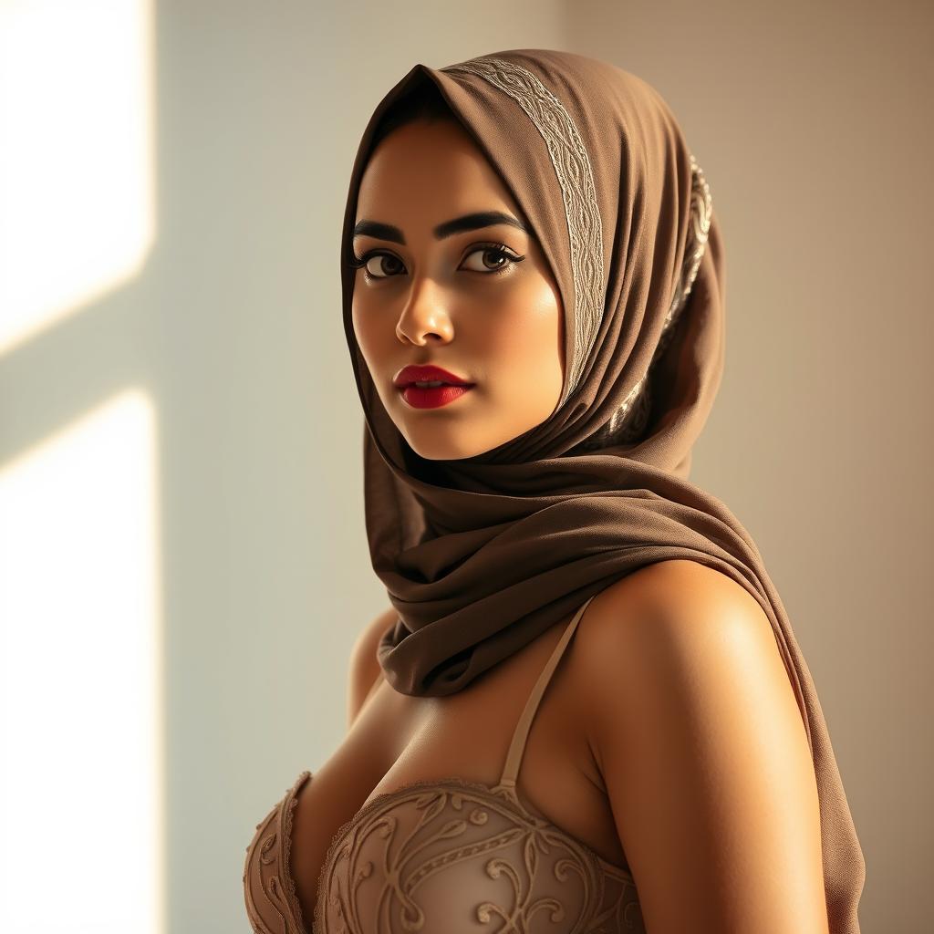A woman wearing elegant undergarments and a beautifully styled hijab, exuding a sense of confidence and grace