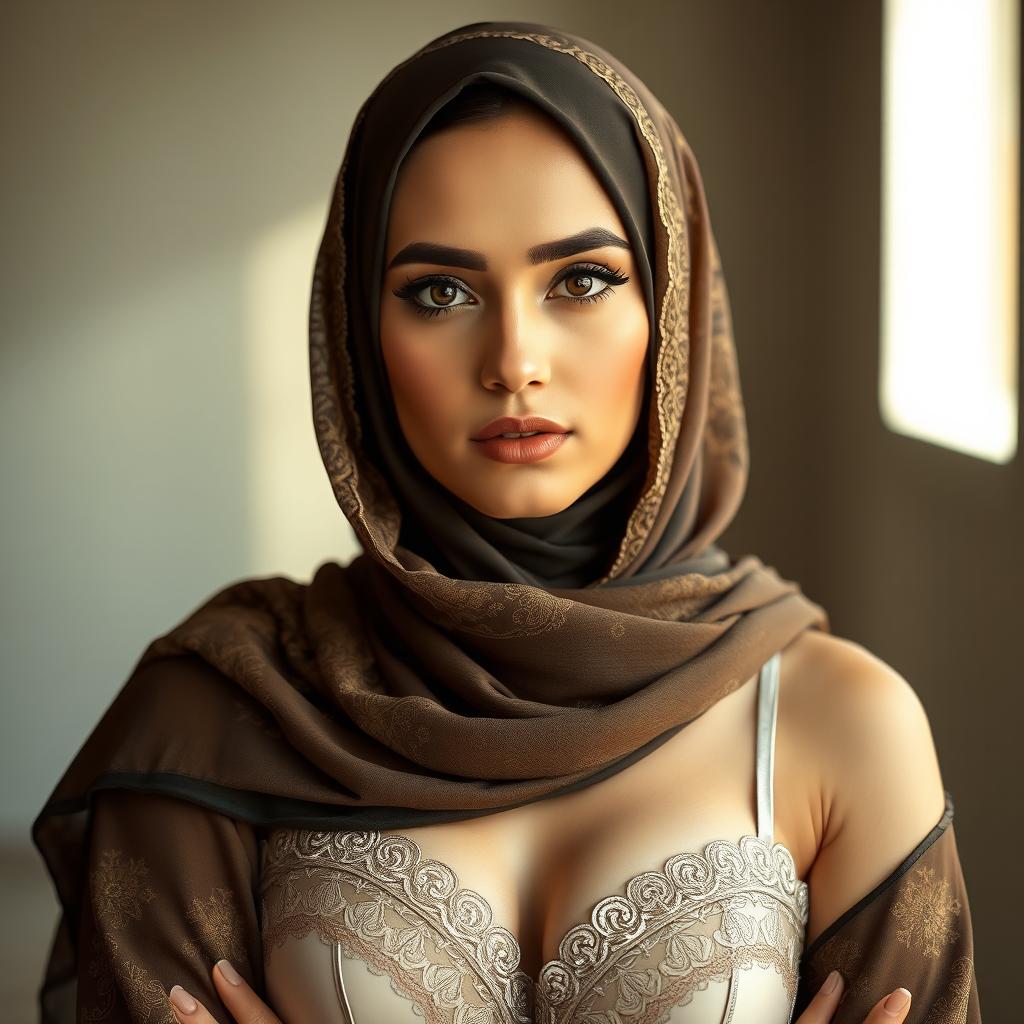 A woman wearing elegant undergarments and a beautifully styled hijab, portraying a serious and confident expression