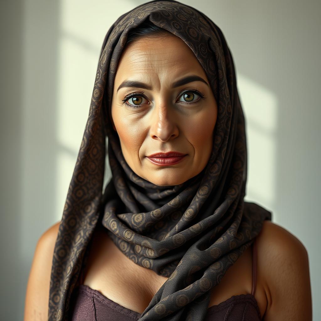 A photorealistic image of a 45-year-old woman wearing elegant undergarments and a beautifully designed hijab, showcasing a serious and composed expression