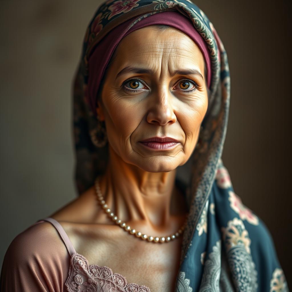 A photorealistic image of a 45-year-old woman wearing elegant undergarments and a beautifully styled hijab, showcasing a serious and composed expression