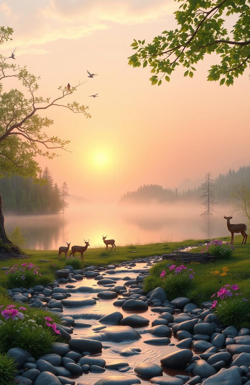 A serene landscape showcasing a peaceful sunrise over a tranquil lake, soft mist rising from the water, surrounded by lush green forests