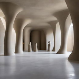 An avant-garde gallery boasting stunningly beautiful, polished concrete walls showcasing avant-garde architecture. The room, vast and enigmatic, features a beach-inspired floor nurturing a grand sand sculpture. Small silhouettes are awed by this spectacle, all captured in sweeping architectural photography.