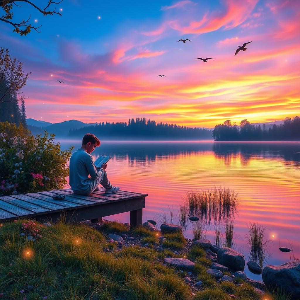 A serene landscape at dusk, with a beautiful lake reflecting the colors of the sunset