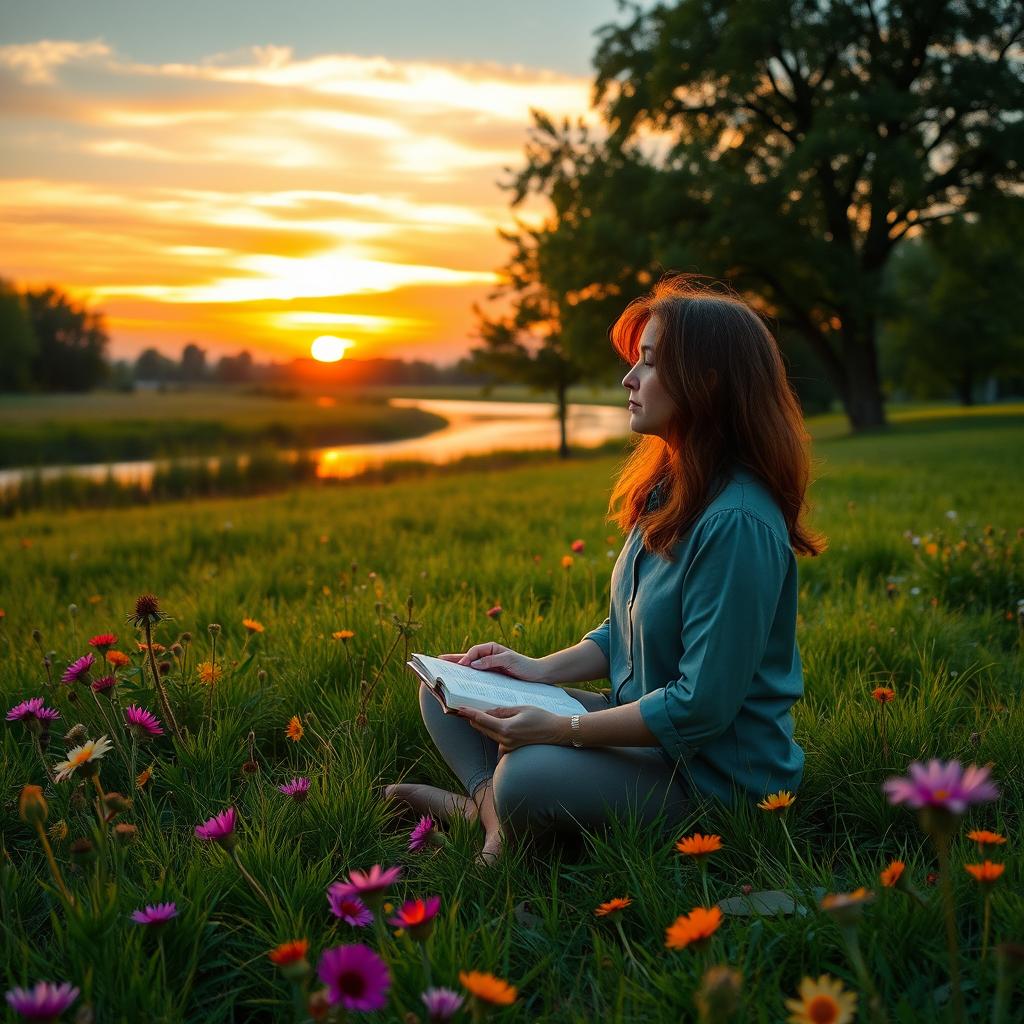 A serene and inspirational scene set in a lush green meadow during the golden hour, with vibrant wildflowers swaying gently in a soft breeze