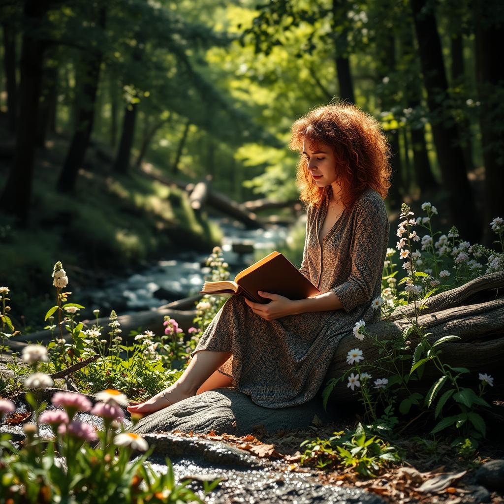 A tranquil and inspiring scene in a picturesque woodland clearing, where a poet, a woman in her mid-thirties with curly auburn hair, is sitting on a fallen log surrounded by blooming wildflowers