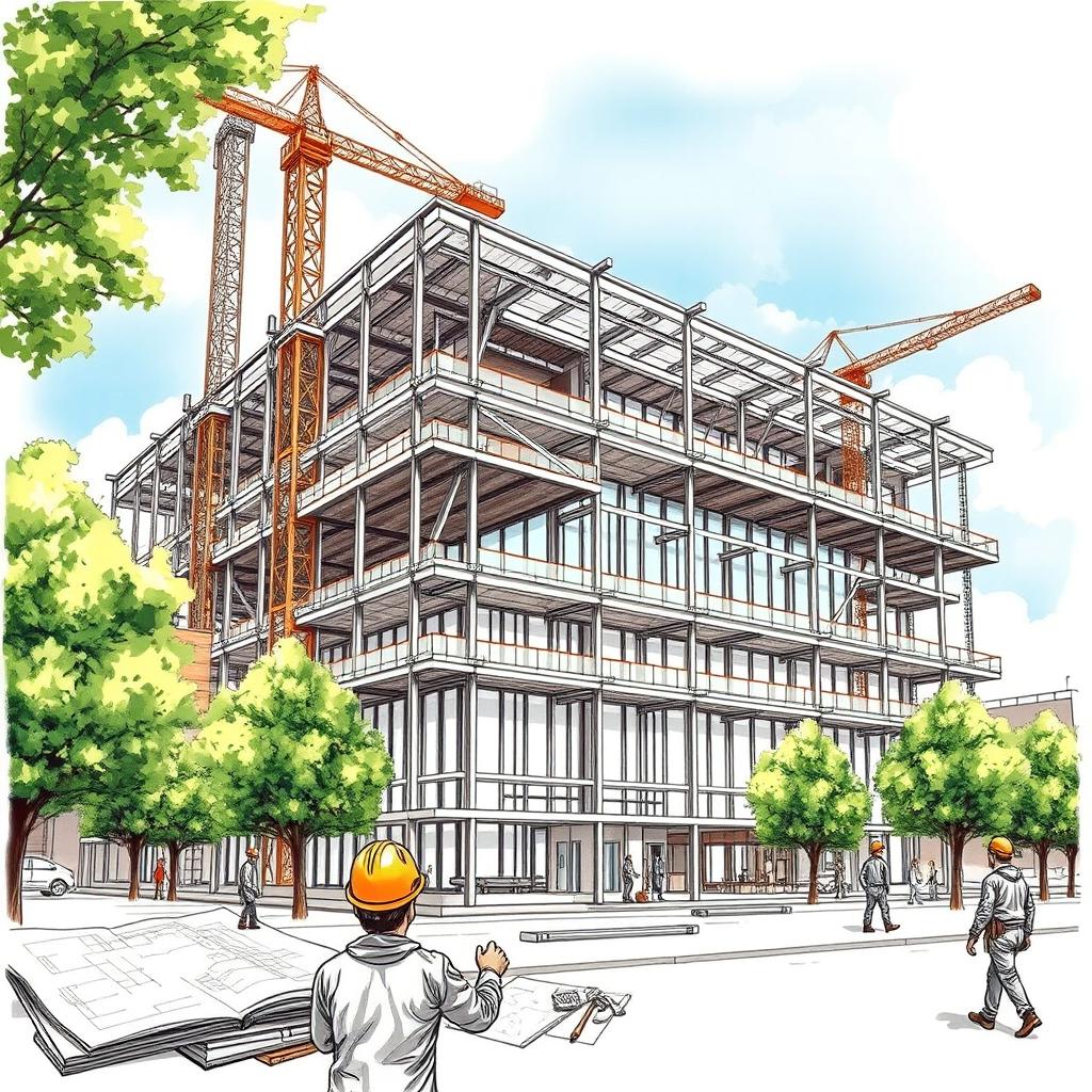 A detailed sketch of a modern building under construction, showcasing the intricate steel framework, cranes, and scaffolding
