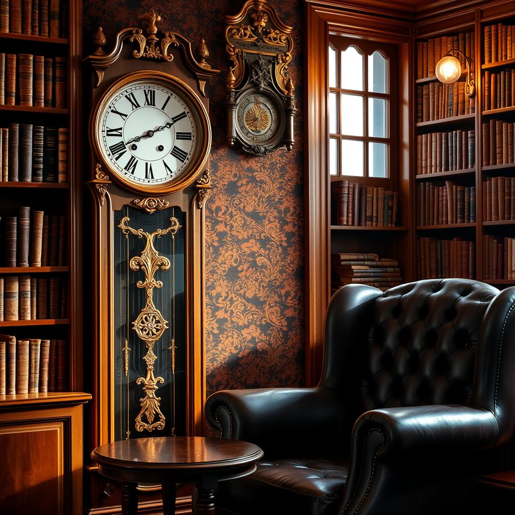 An elegant antique clock set against a richly decorated wall in a vintage study