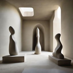 An avant-garde gallery boasting stunningly beautiful, polished concrete walls showcasing avant-garde architecture. The room, vast and enigmatic, features a beach-inspired floor nurturing a grand sand sculpture. Small silhouettes are awed by this spectacle, all captured in sweeping architectural photography.