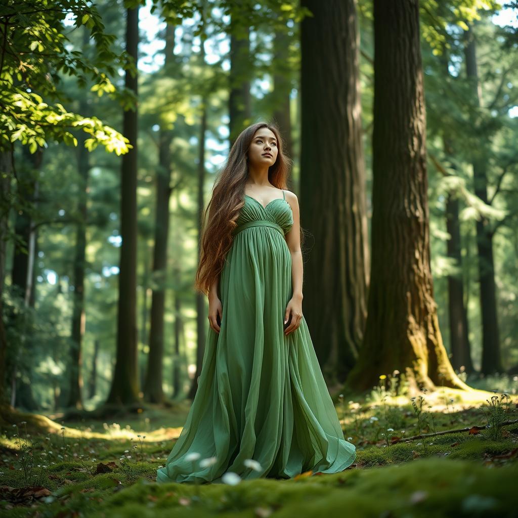 A young woman with long flowing hair standing in a lush forest, delicate sunlight filtering through the leaves above