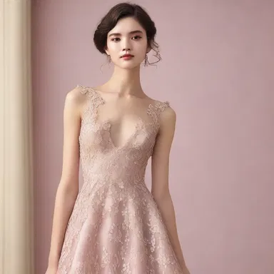 The elegant evening gown was carefully crafted with intricate lace and shimmering sequins, exuding a sense of amorousness.