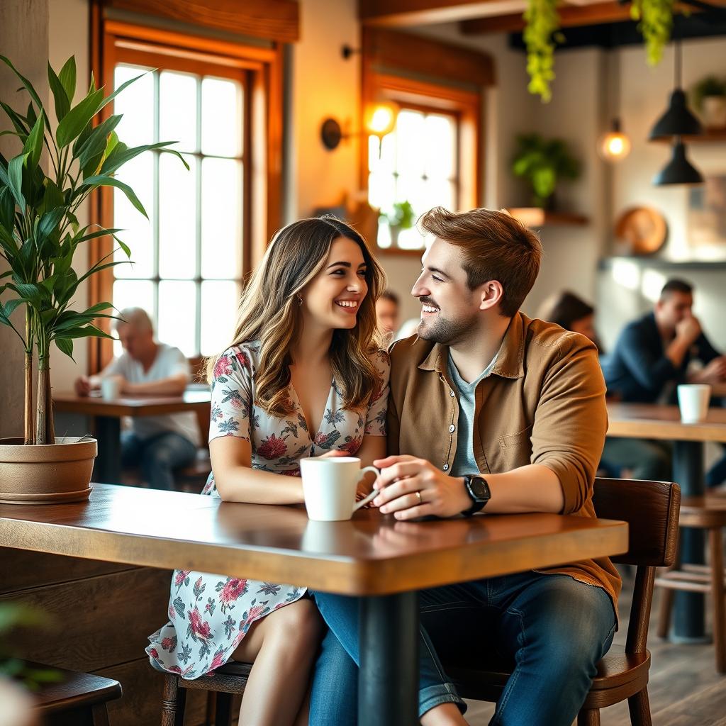 A young couple sitting together at a cozy cafe, enjoying each other's company