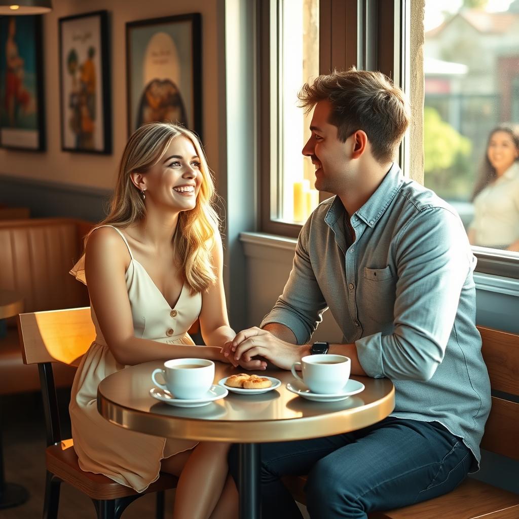 A young couple sitting across from each other at a charming cafe table, highlighting their connection