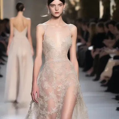 The elegant evening gown was carefully crafted with intricate lace and shimmering sequins, exuding a sense of amorousness.