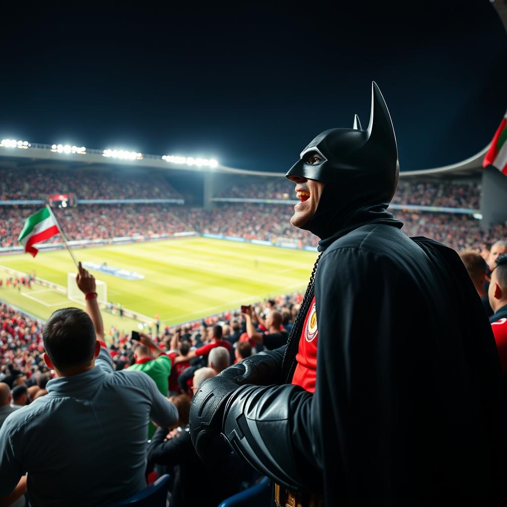 Batman passionately cheering for Persepolis at Azadi Stadium during the intense match against Esteghlal, surrounded by enthusiastic fans wearing red jerseys, flag waving, and a thrilling atmosphere filled with excitement and energy