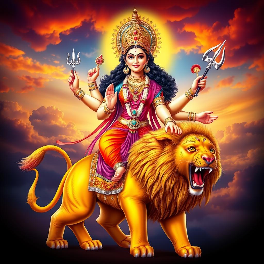 A vibrant and dynamic depiction of Goddess Durga, embodying strength and beauty as she rides a majestic lion