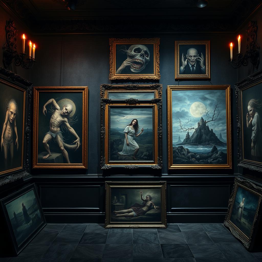 A haunting gallery showcasing the scariest paintings in the world, featuring eerie landscapes, unsettling portraits, and surreal designs