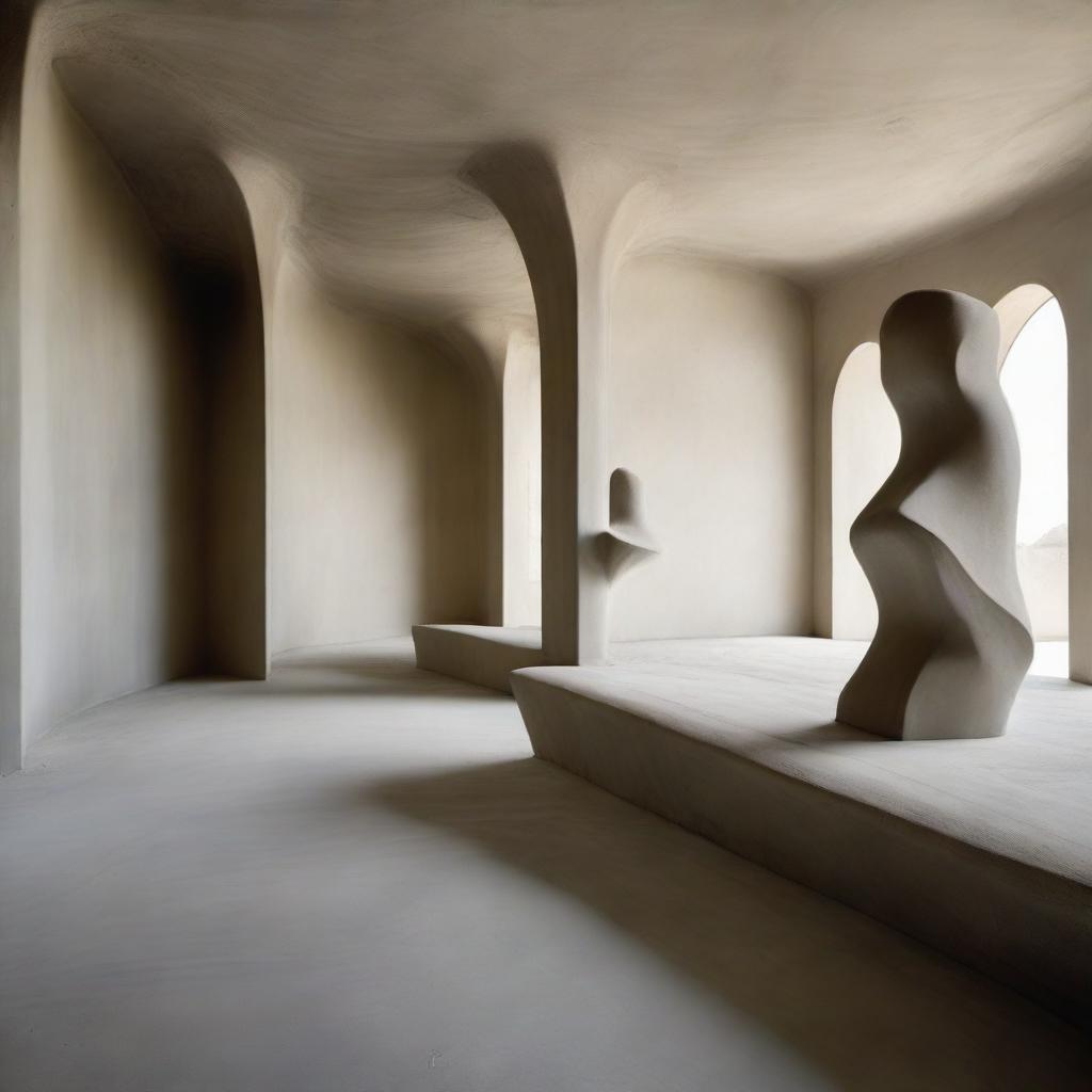 An avant-garde gallery boasting stunningly beautiful, polished concrete walls showcasing avant-garde architecture. The room, vast and enigmatic, features a beach-inspired floor nurturing a grand sand sculpture. Small silhouettes are awed by this spectacle, all captured in sweeping architectural photography.