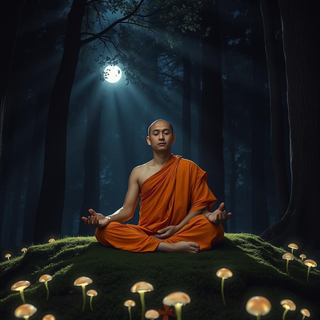 A serene monk in deep meditation, seated cross-legged on a bed of moss in a tranquil forest at night