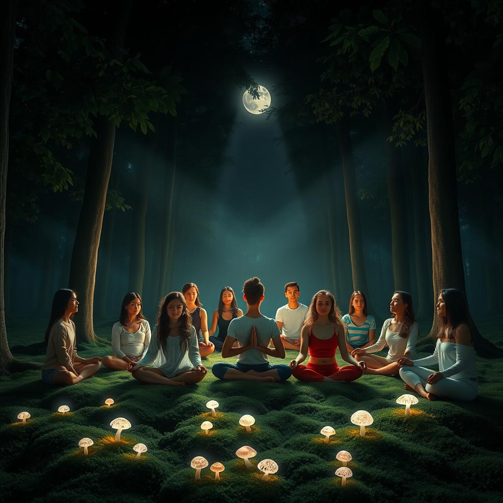 A diverse group of individuals meditating peacefully in a serene forest at night