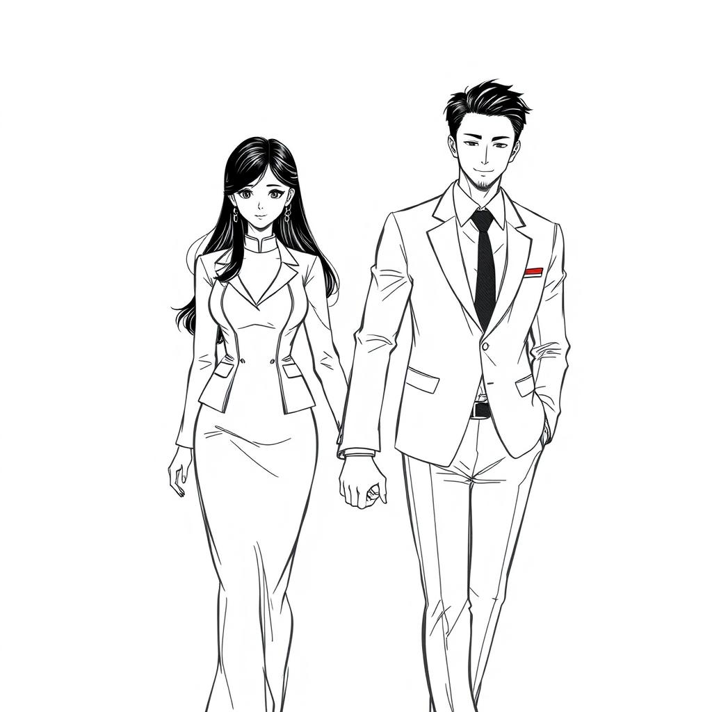 A sketch of a manhwa-style couple: a beautiful, assertive woman, 160 cm tall with long waist-length black hair, dressed in an elegant formal outfit