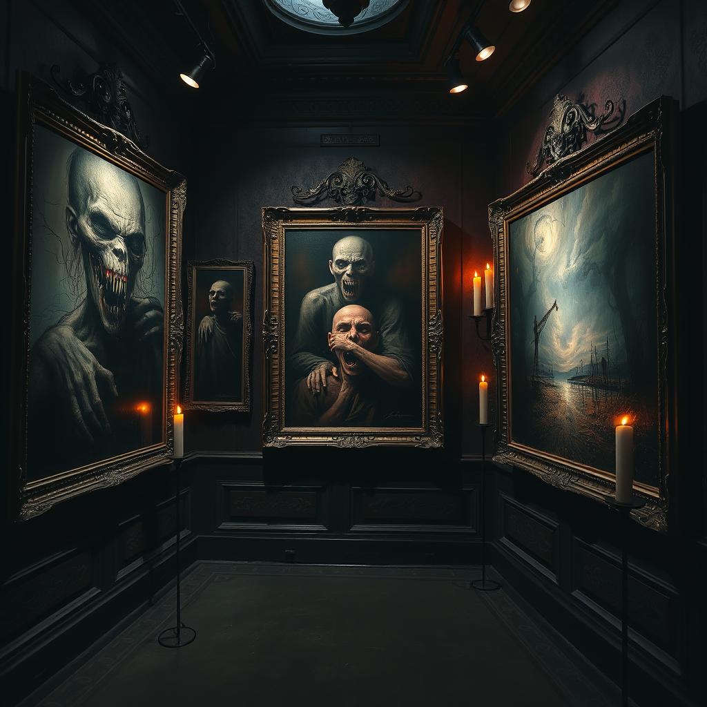 A hauntingly beautiful gallery featuring dramatic and eerie paintings from renowned artists, each canvas filled with horror and emotion