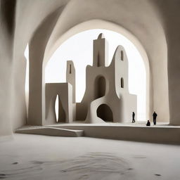 A completely concrete avant-garde gallery, stark and beautiful. Its size is dominated by avant-garde architecture, completed by a beach-inspired floor, and a grand sand sculpture as a masterpiece. Miniature silhouettes are transfixed, the scene frozen in powerful architectural photography.