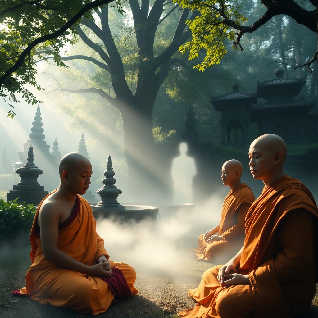 Figures of serene Buddhist monks, deep in meditation, surrounded by an ethereal glow of soft light