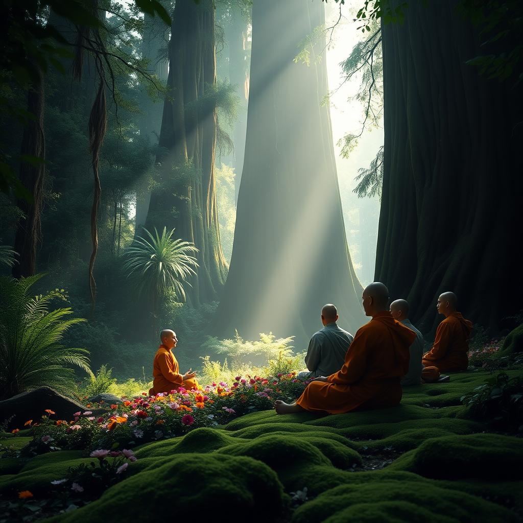 A serene and beautiful forest scene, depicting a group of monks engaged in meditation, surrounded by dense, lush greenery