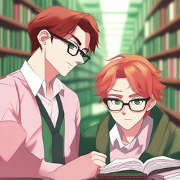 A high-quality digital art image that encapsulates a poignant moment between two handsome high school boys in a library