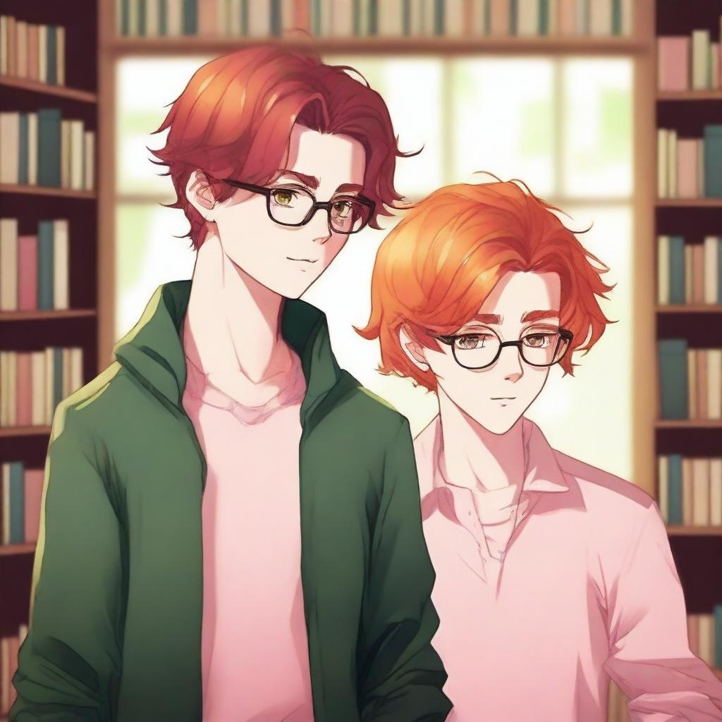 A high-quality digital art image that encapsulates a poignant moment between two handsome high school boys in a library