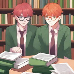 A high-quality digital art image that encapsulates a poignant moment between two handsome high school boys in a library