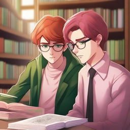 A high-quality digital art image that encapsulates a poignant moment between two handsome high school boys in a library