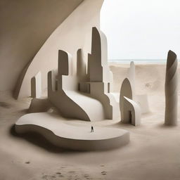 A completely concrete avant-garde gallery, stark and beautiful. Its size is dominated by avant-garde architecture, completed by a beach-inspired floor, and a grand sand sculpture as a masterpiece. Miniature silhouettes are transfixed, the scene frozen in powerful architectural photography.