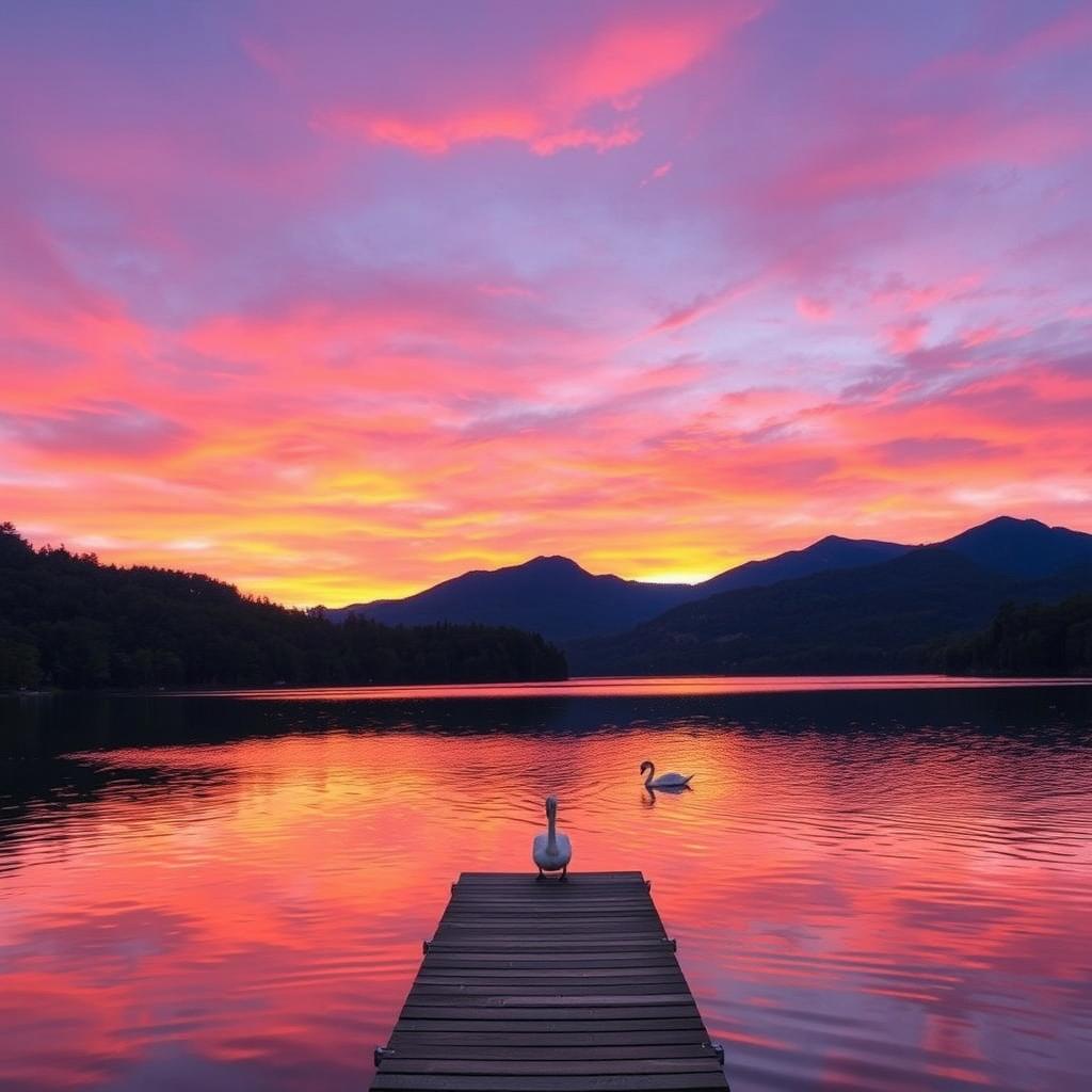 A peaceful sunset over a serene lake surrounded by lush green forests