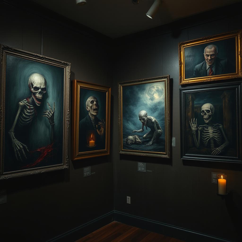 A haunting gallery featuring the scariest paintings inspired by classic horror movies, showcasing close-up views of the intricate details in each artwork