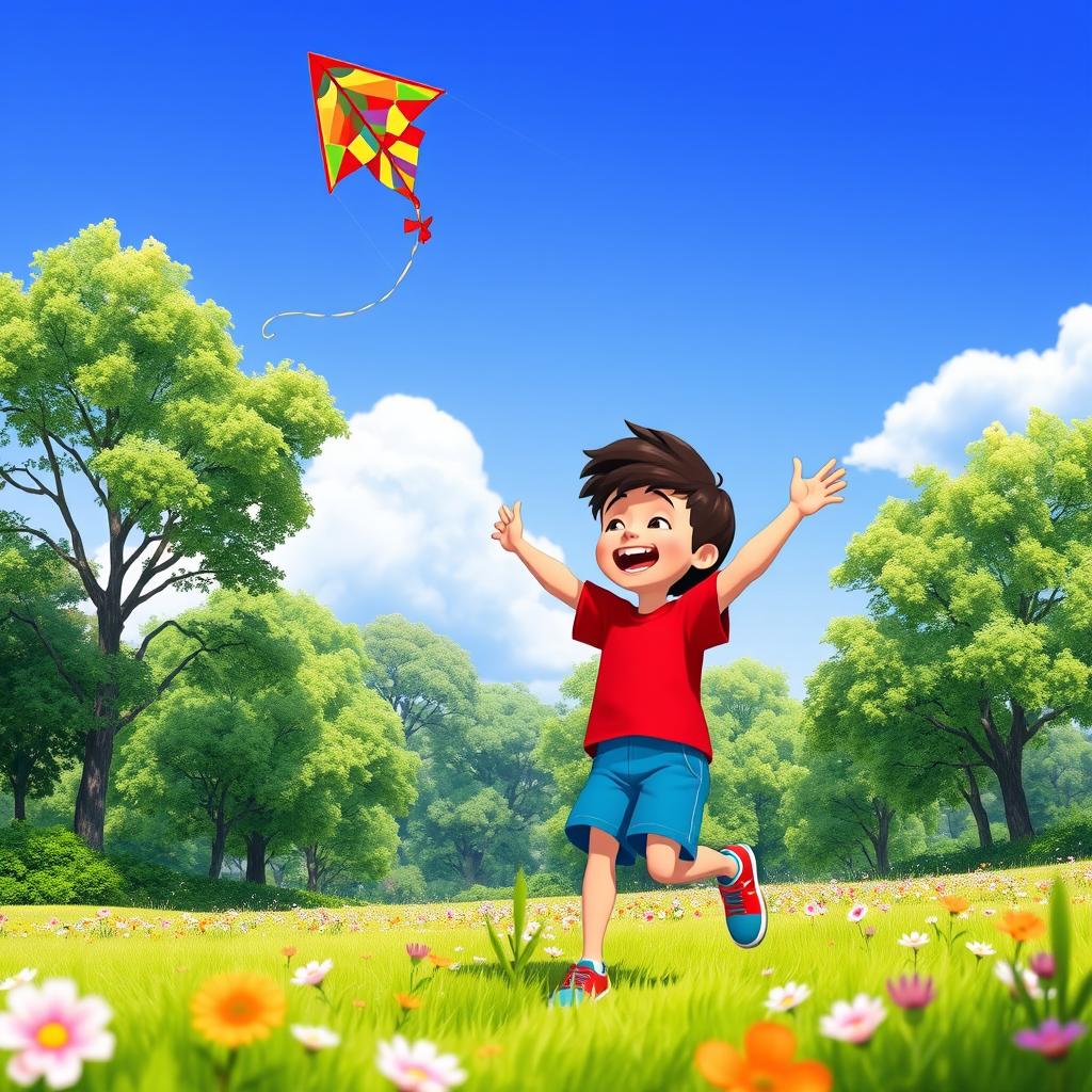 An animated scene of a young boy playing with a vibrant, colorful kite on a bright sunny day
