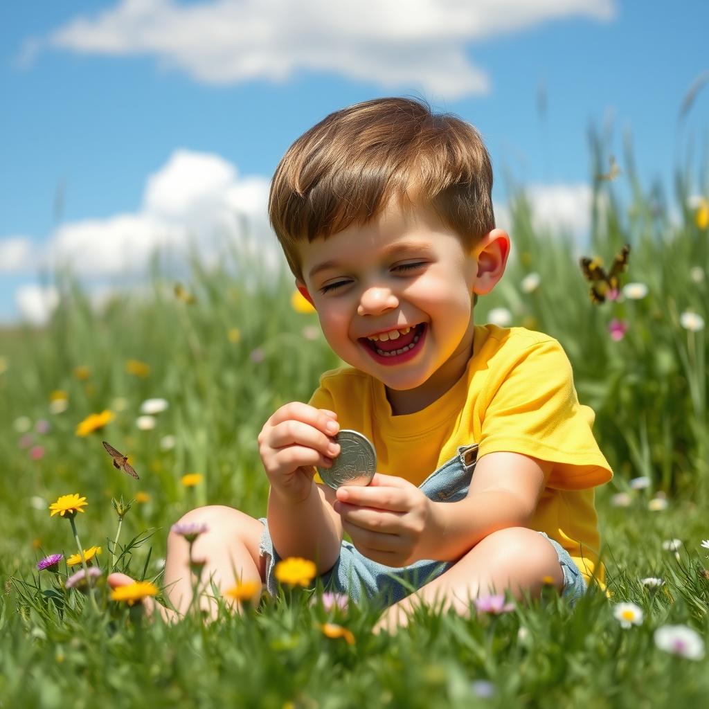 A young boy excitedly playing with a shiny silver coin, sitting on the grassy ground of a sunny meadow