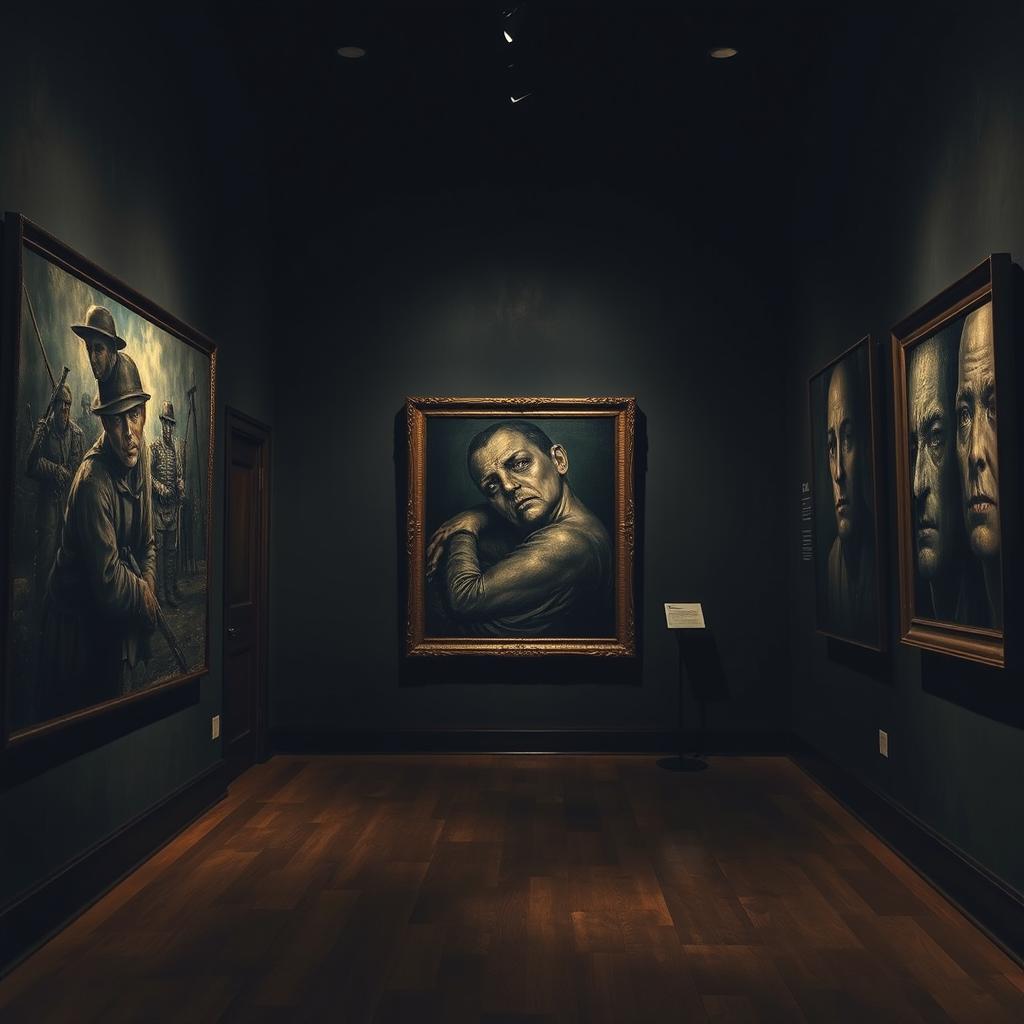 A haunting gallery scene featuring some of the scariest paintings inspired by war