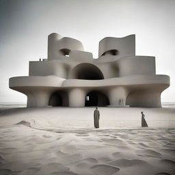 A completely concrete avant-garde gallery, stark and beautiful. Its size is dominated by avant-garde architecture, completed by a beach-inspired floor, and a grand sand sculpture as a masterpiece. Miniature silhouettes are transfixed, the scene frozen in powerful architectural photography.