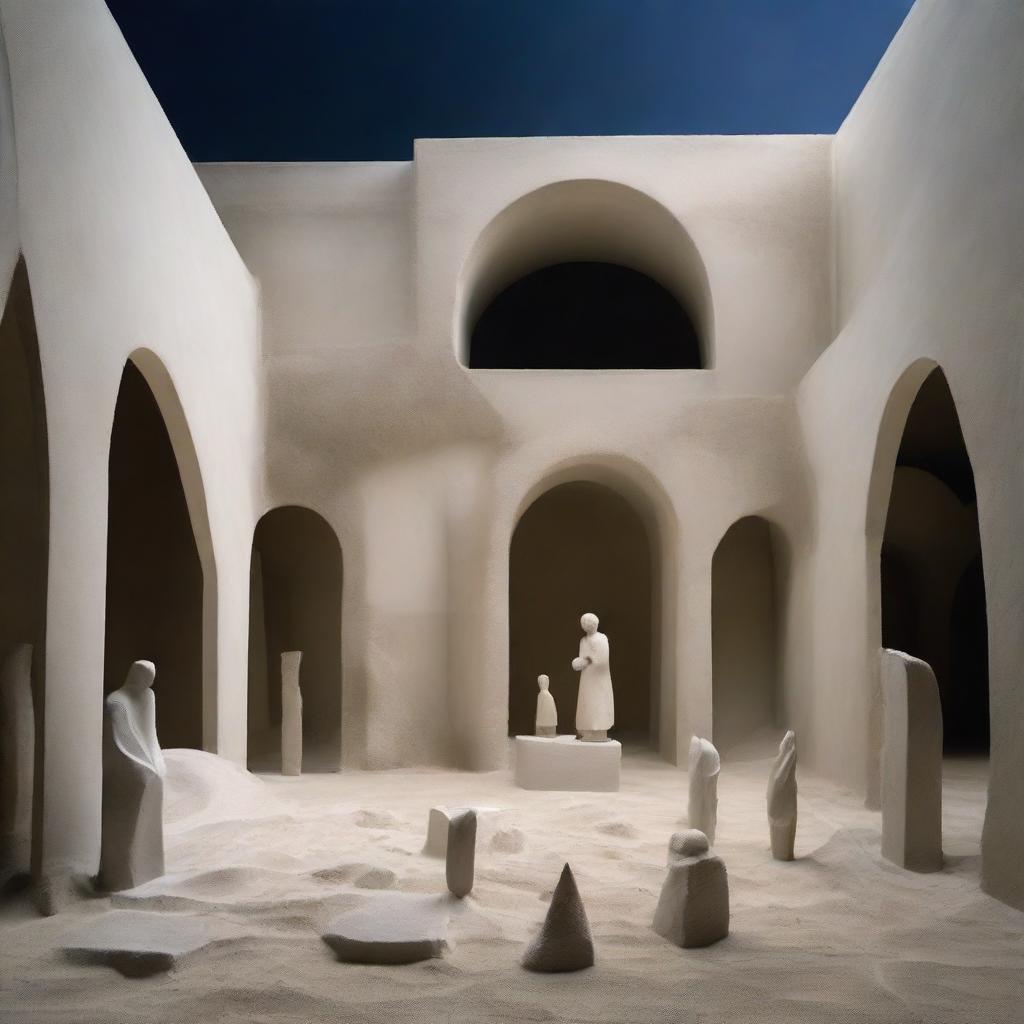 A completely concrete avant-garde gallery, stark and beautiful. Its size is dominated by avant-garde architecture, completed by a beach-inspired floor, and a grand sand sculpture as a masterpiece. Miniature silhouettes are transfixed, the scene frozen in powerful architectural photography.