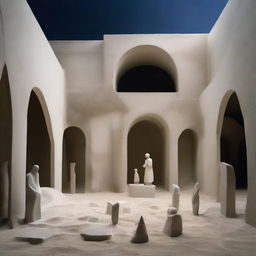 A completely concrete avant-garde gallery, stark and beautiful. Its size is dominated by avant-garde architecture, completed by a beach-inspired floor, and a grand sand sculpture as a masterpiece. Miniature silhouettes are transfixed, the scene frozen in powerful architectural photography.