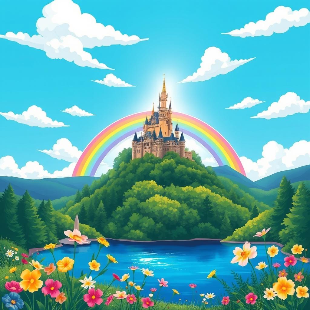 A vibrant illustration of a fantasy landscape featuring a majestic castle atop a hill, surrounded by lush green forests and a sparkling lake at the base