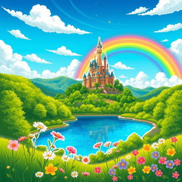 A vibrant illustration of a fantasy landscape featuring a majestic castle atop a hill, surrounded by lush green forests and a sparkling lake at the base