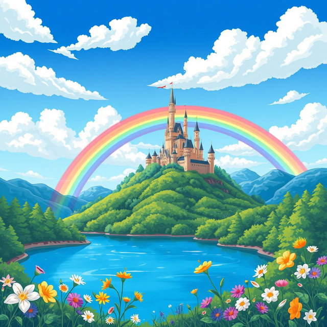 A vibrant illustration of a fantasy landscape featuring a majestic castle atop a hill, surrounded by lush green forests and a sparkling lake at the base