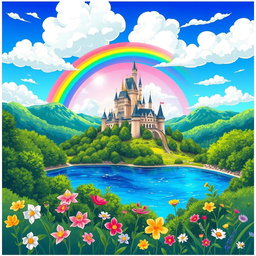 A vibrant illustration of a fantasy landscape featuring a majestic castle atop a hill, surrounded by lush green forests and a sparkling lake at the base